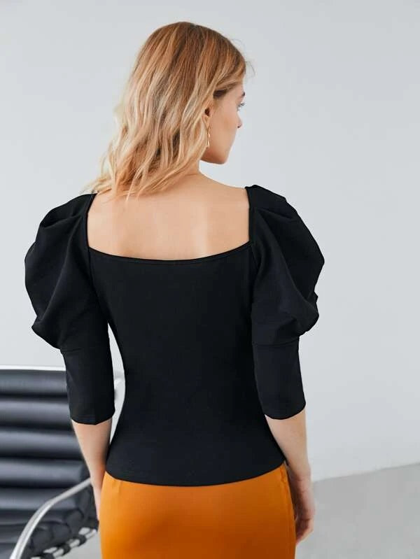 CM-TS979417 Women Elegant Seoul Style Leg-Of-Mutton Sleeve V-Neck Blouse - Black
