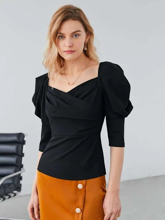 CM-TS979417 Women Elegant Seoul Style Leg-Of-Mutton Sleeve V-Neck Blouse - Black