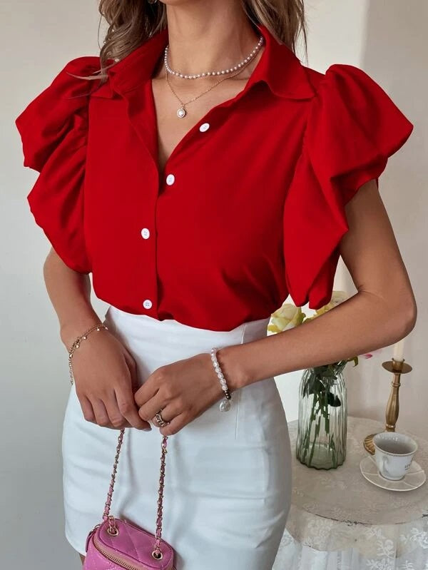 CM-TS148243 Women Casual Seoul Style Ruffle Armhole Cap Sleeve Solid Shirt - Red