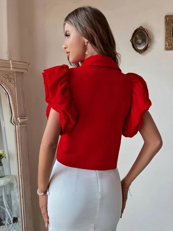 CM-TS148243 Women Casual Seoul Style Ruffle Armhole Cap Sleeve Solid Shirt - Red