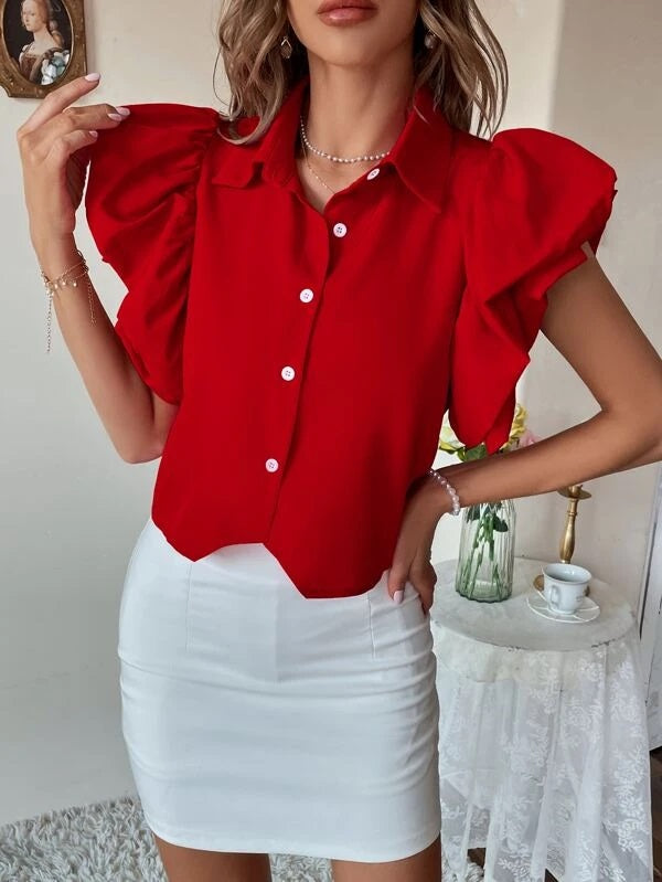 CM-TS148243 Women Casual Seoul Style Ruffle Armhole Cap Sleeve Solid Shirt - Red