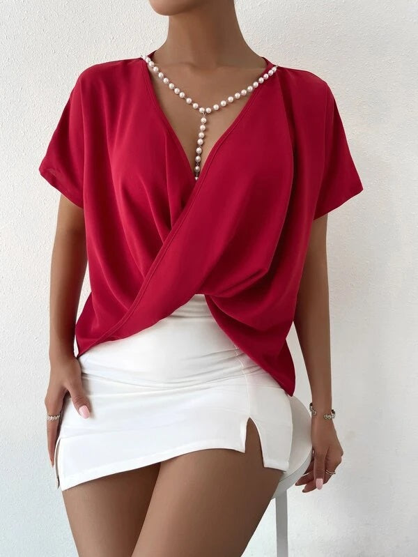 CM-TS223313 Women Casual Seoul Style Crossover Batwing Sleeve Blouse - Burgundy