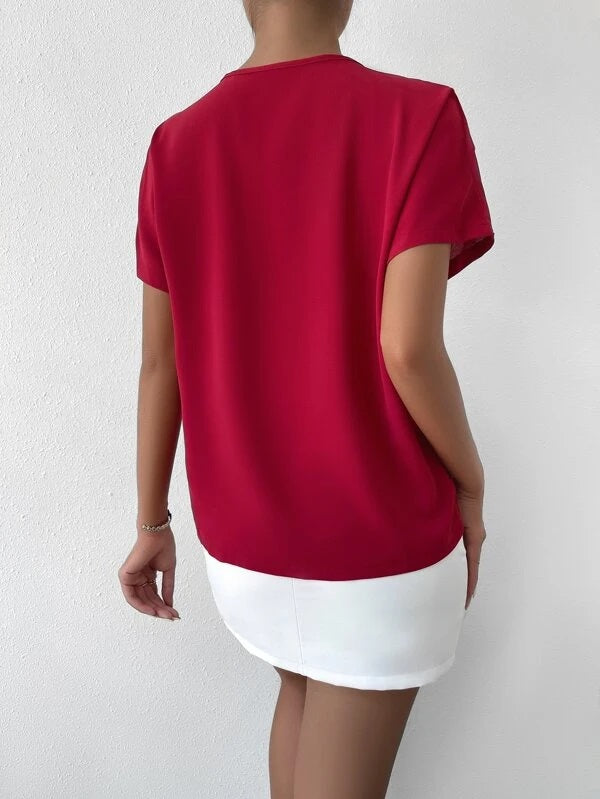 CM-TS223313 Women Casual Seoul Style Crossover Batwing Sleeve Blouse - Burgundy