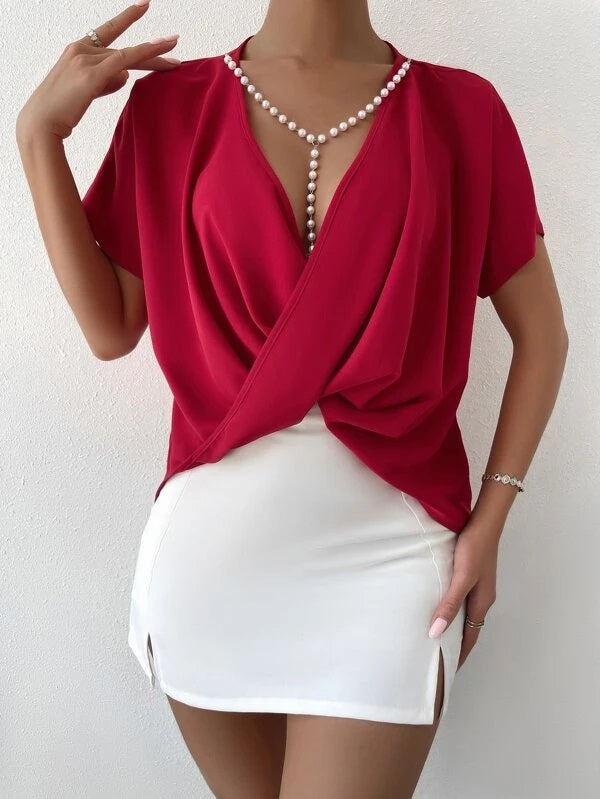CM-TS223313 Women Casual Seoul Style Crossover Batwing Sleeve Blouse - Burgundy