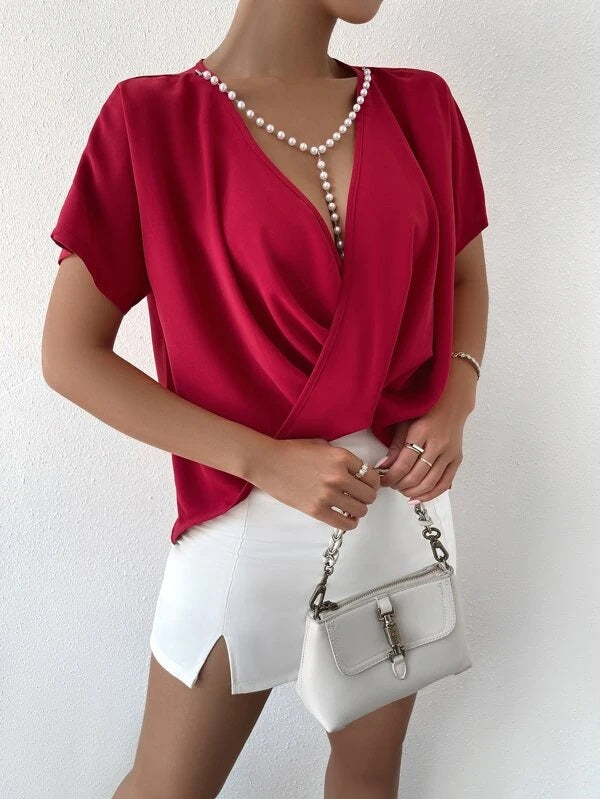 CM-TS223313 Women Casual Seoul Style Crossover Batwing Sleeve Blouse - Burgundy