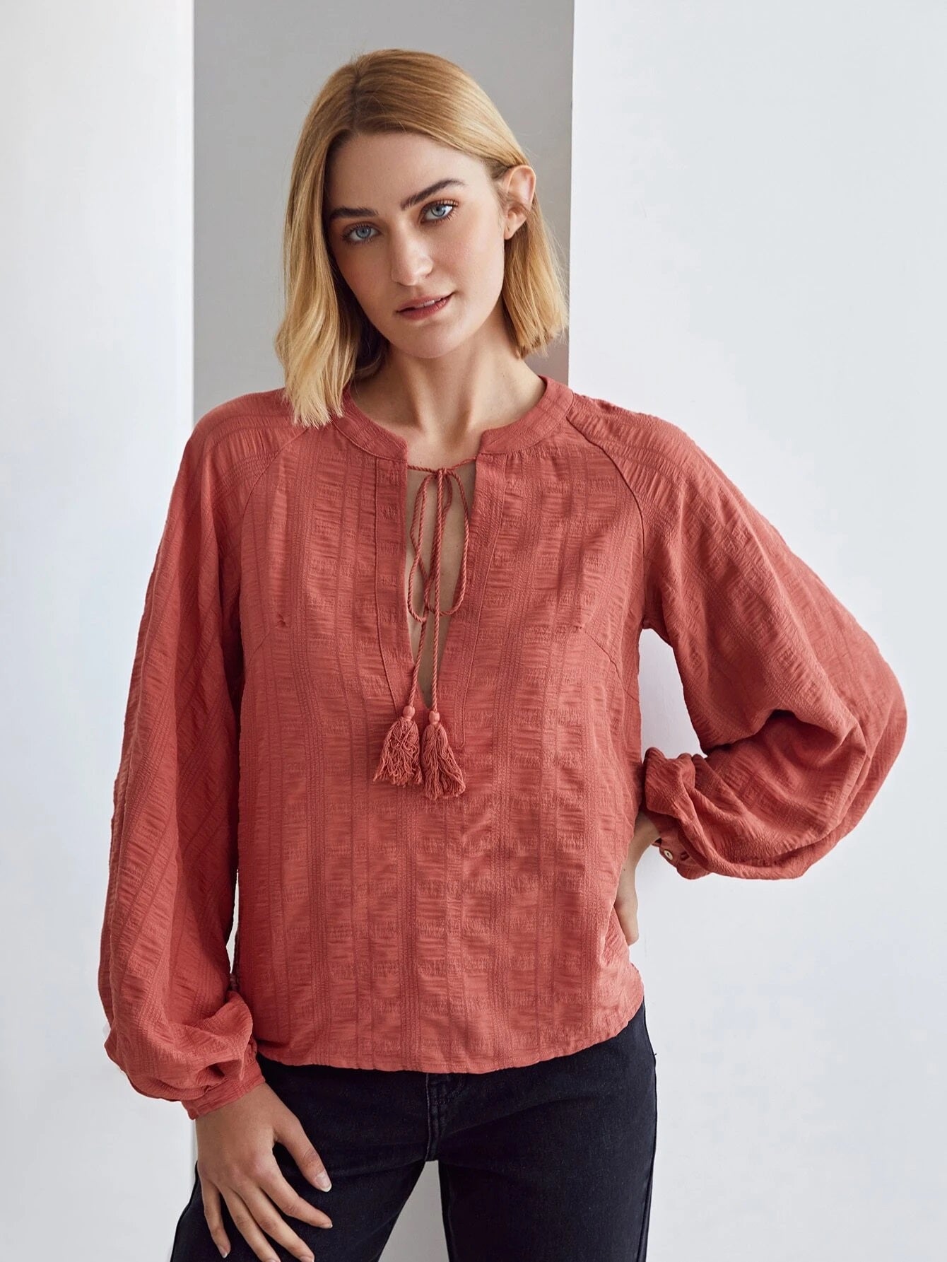 CM-TS126232 Women Casual Seoul Style Textured Voluminous Sleeve Tassel Top - Redwood