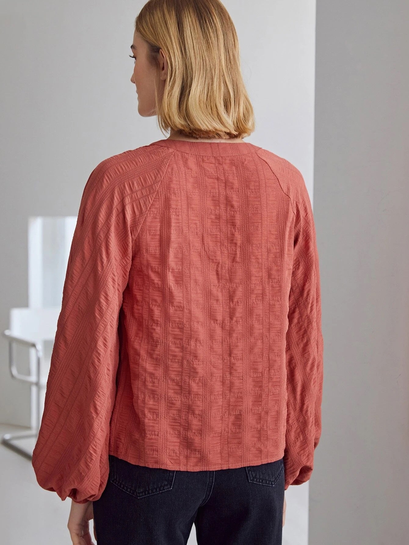 CM-TS126232 Women Casual Seoul Style Textured Voluminous Sleeve Tassel Top - Redwood
