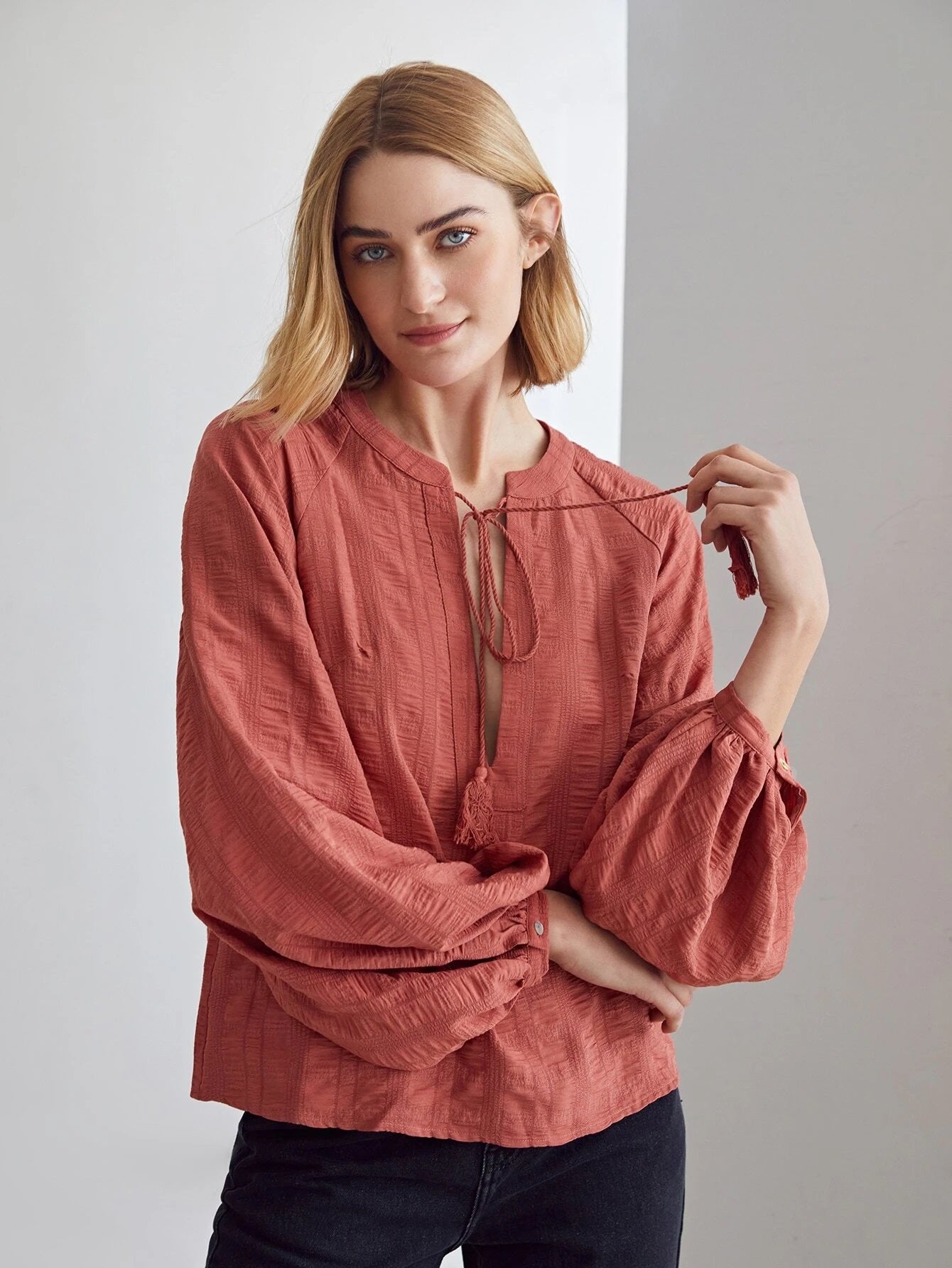 CM-TS126232 Women Casual Seoul Style Textured Voluminous Sleeve Tassel Top - Redwood