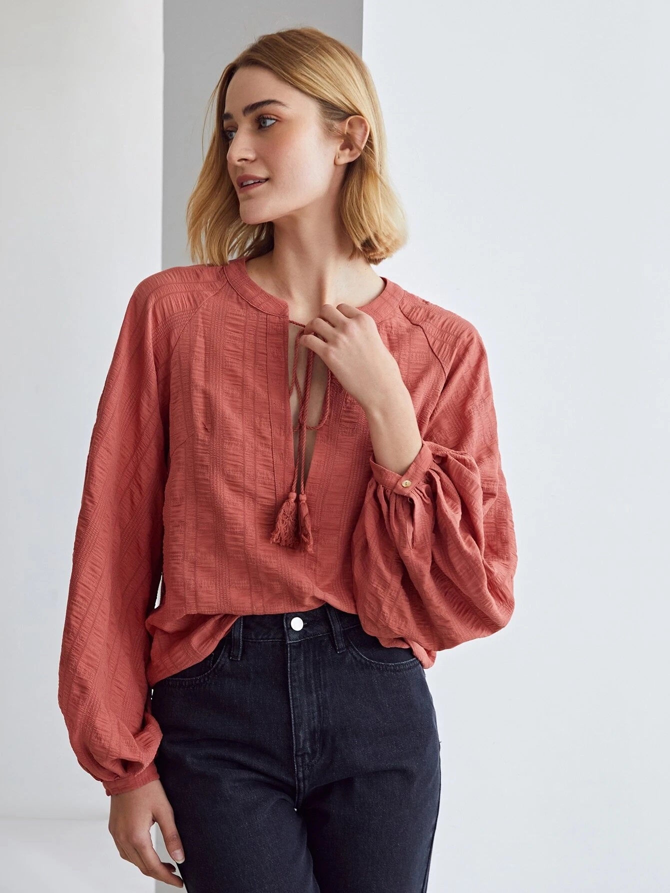 CM-TS126232 Women Casual Seoul Style Textured Voluminous Sleeve Tassel Top - Redwood