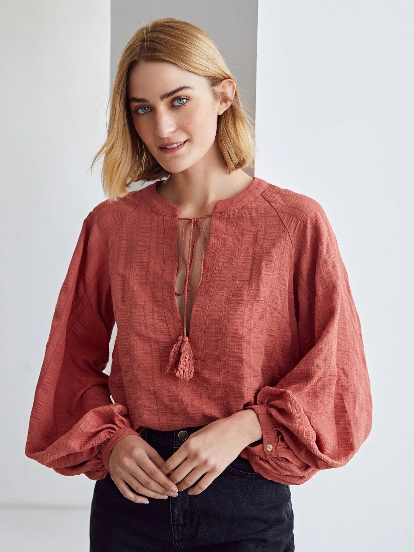 CM-TS126232 Women Casual Seoul Style Textured Voluminous Sleeve Tassel Top - Redwood