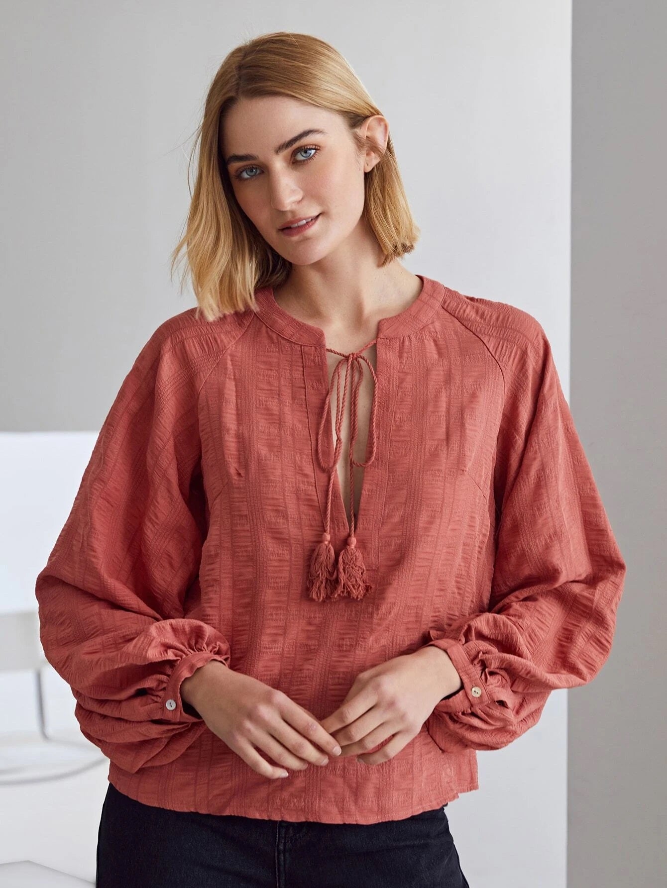 CM-TS126232 Women Casual Seoul Style Textured Voluminous Sleeve Tassel Top - Redwood