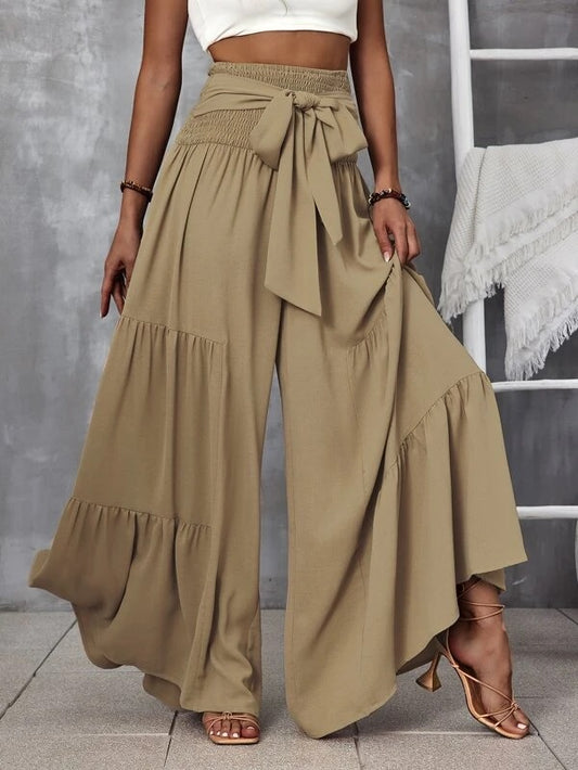 CM-BS758058 Women Trendy Bohemian Style Shirred Waist Tie Front Ruffle Hem Wide Leg Pants