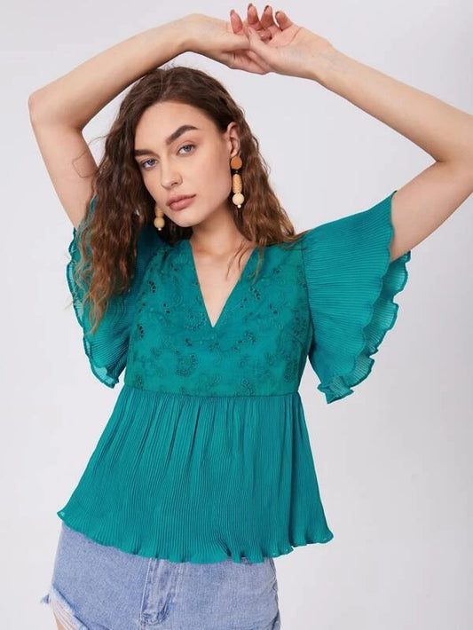 CM-TS042647 Women Trendy Bohemian Style Plisse Butterfly Sleeve Peplum Schiffy Blouse