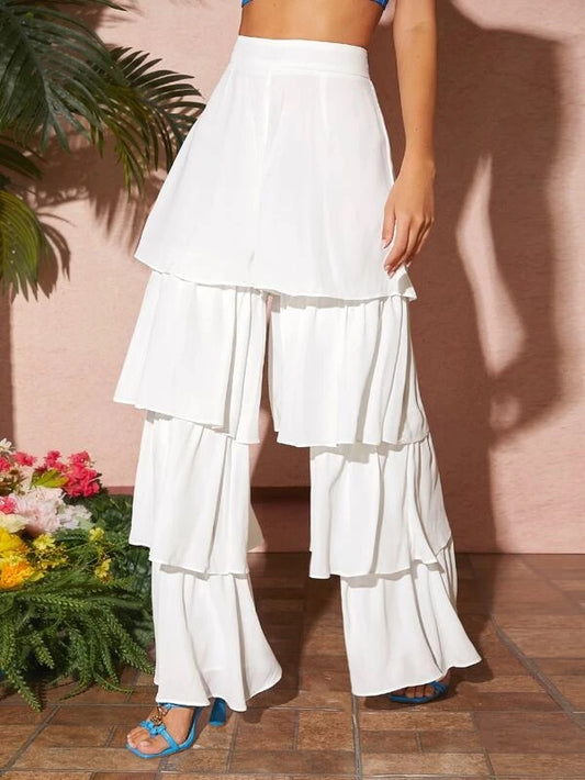 CM-BS202702 Women Trendy Bohemian Style High Waist Layered Hem Wide Leg Pants