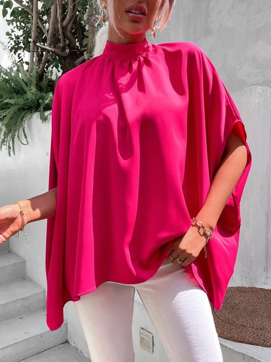 CM-TS176688 Women Casual Seoul Style Dolman Sleeve Mock Neck Tie Back Blouse - Hot Pink