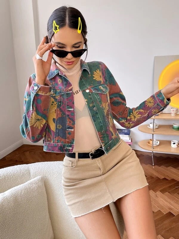 CM-CS327559 Women Casual Seoul Stylle Floral Print Crop Denim Jacket