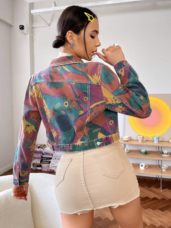 CM-CS327559 Women Casual Seoul Stylle Floral Print Crop Denim Jacket