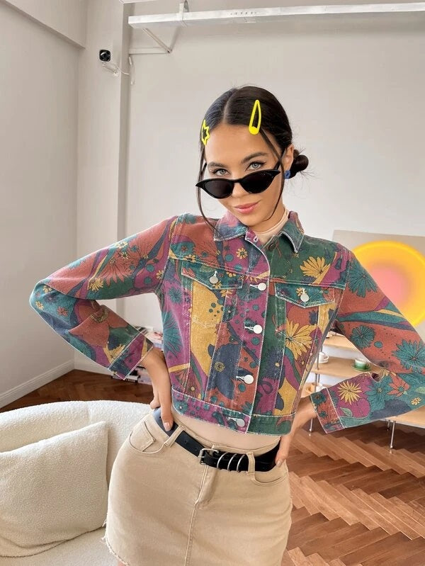 CM-CS327559 Women Casual Seoul Stylle Floral Print Crop Denim Jacket