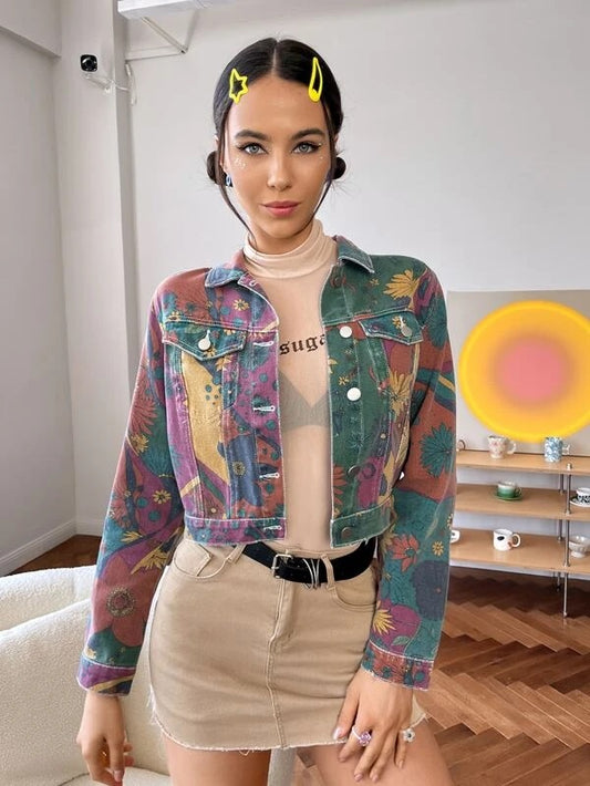 CM-CS327559 Women Casual Seoul Stylle Floral Print Crop Denim Jacket