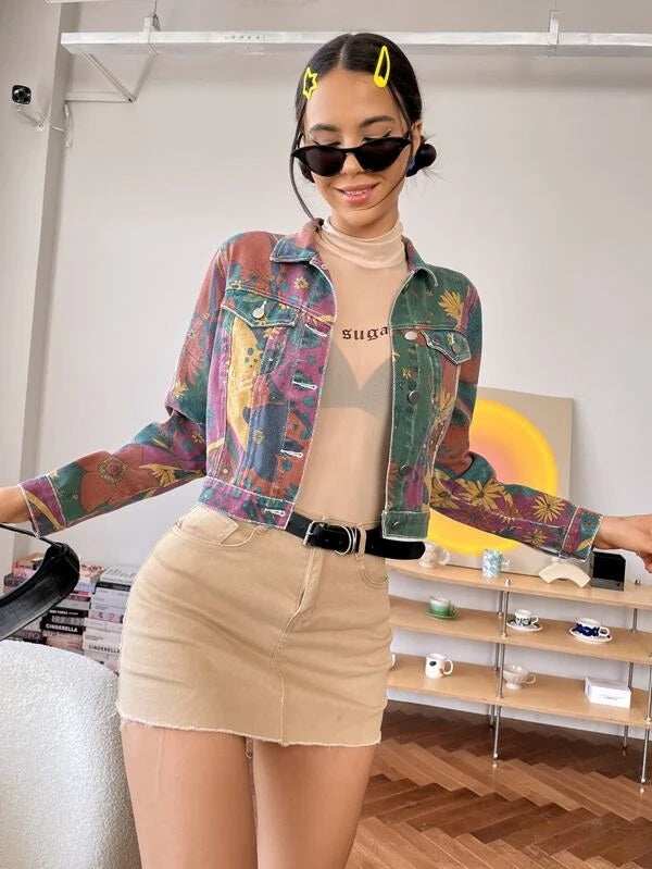 CM-CS327559 Women Casual Seoul Stylle Floral Print Crop Denim Jacket