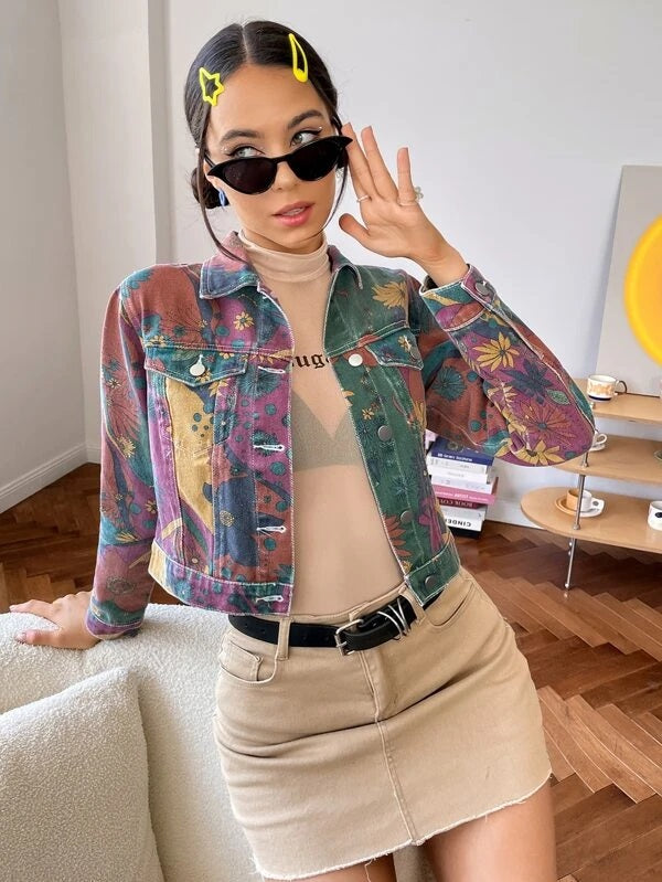 CM-CS327559 Women Casual Seoul Stylle Floral Print Crop Denim Jacket