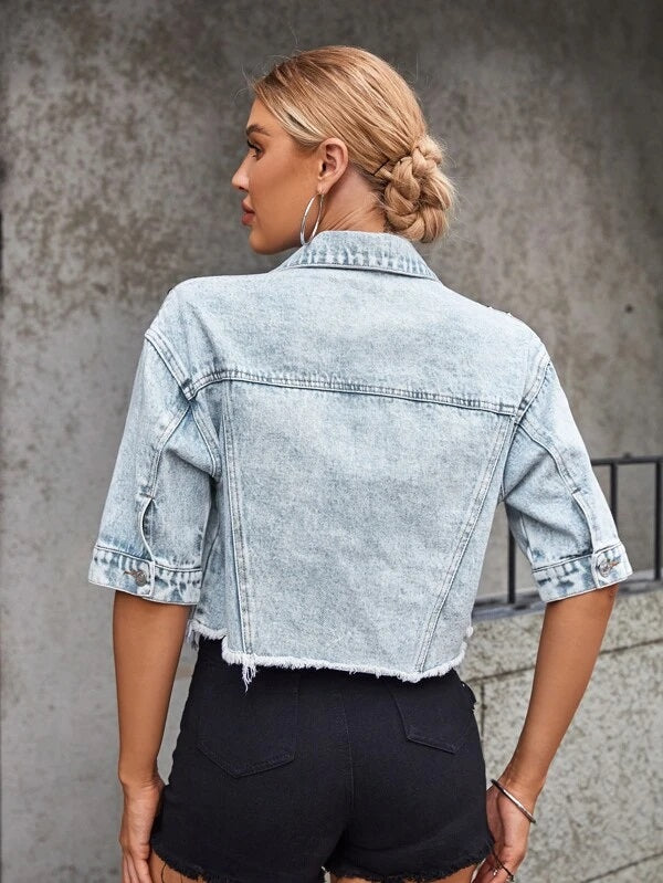 CM-CS509981 Women Casual Seoul Style Light Wash Studded Raw Hem Drop Shoulder Denim Jacket