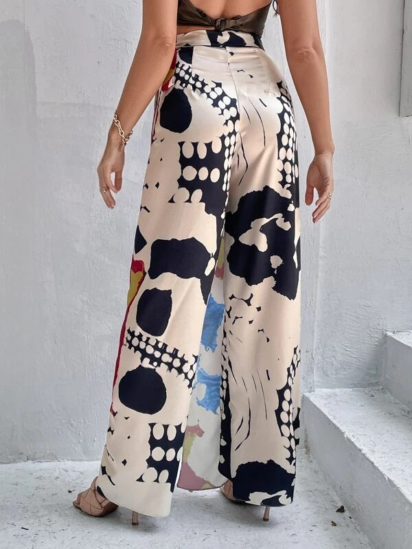 CM-BS660166 Women Casual Seoul Style Graphic Print Knot Side Split Thigh Pants