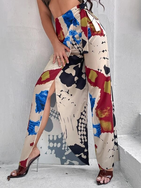 CM-BS660166 Women Casual Seoul Style Graphic Print Knot Side Split Thigh Pants