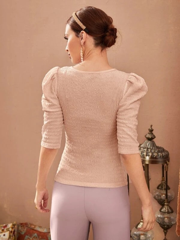 CM-TS533733 Women Elegant Seoul Style Puff Sleeve Square Neck Tee - Dusty Pink