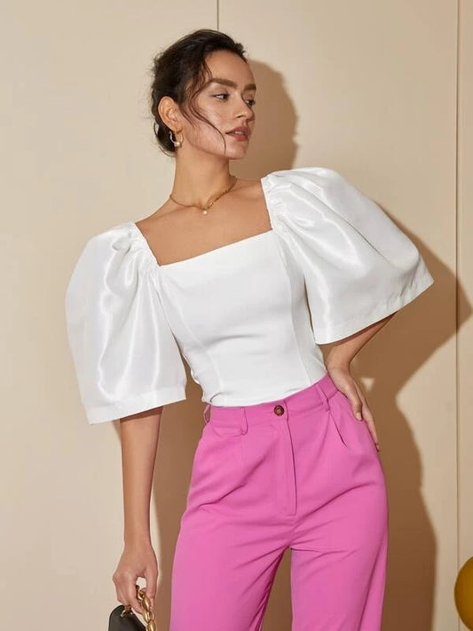 CM-TS428240 Women Elegant Seoul Style Square Neck Puff Sleeve Blouse - White
