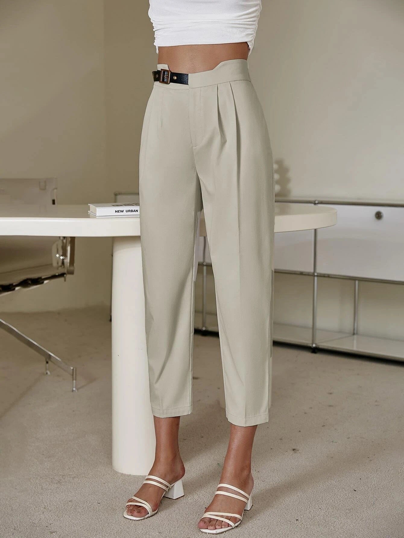 CM-BS670780 Women Casual Seoul Style Elastic Waist Solid Belted Pants - Beige