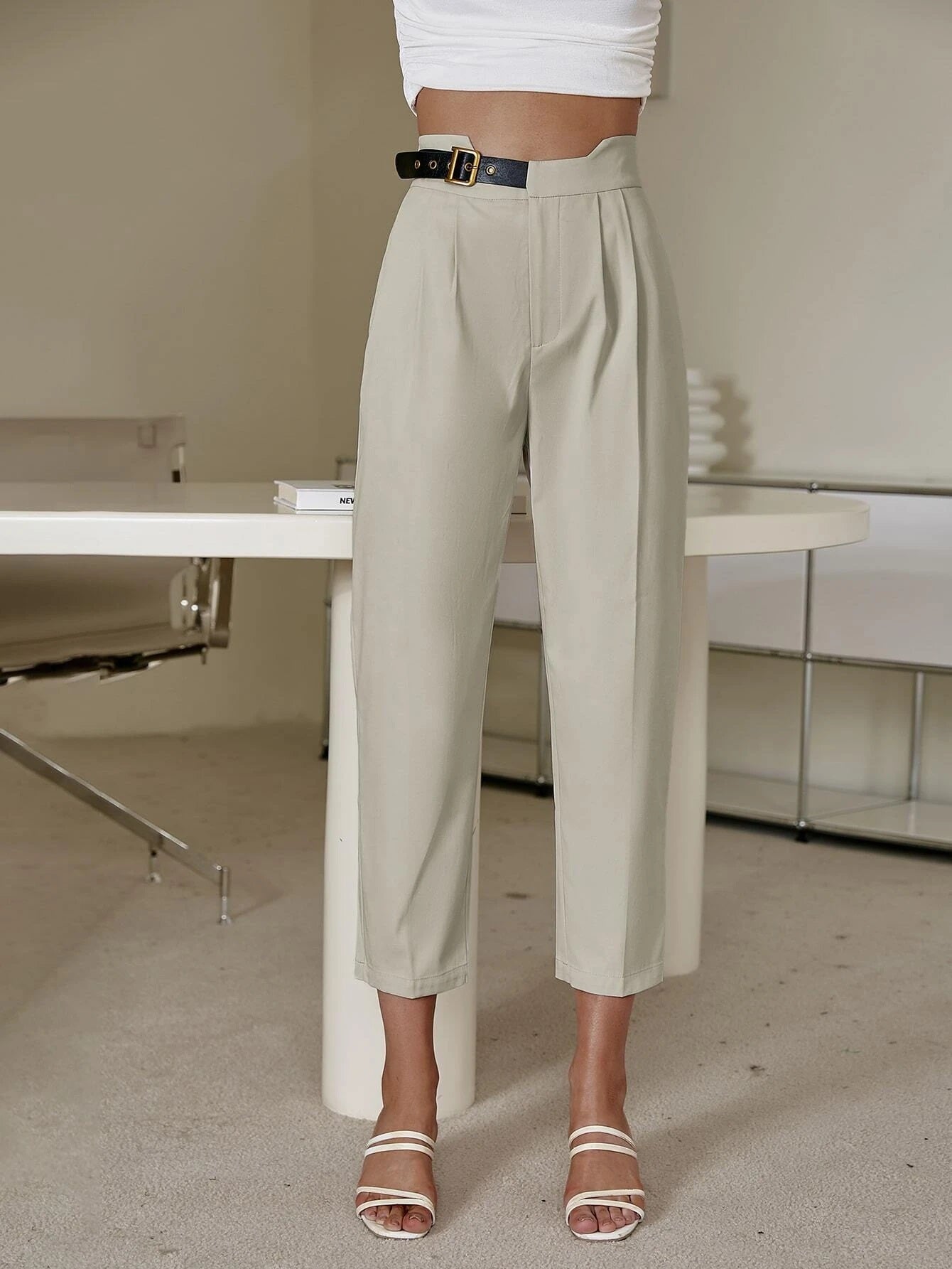 CM-BS670780 Women Casual Seoul Style Elastic Waist Solid Belted Pants - Beige