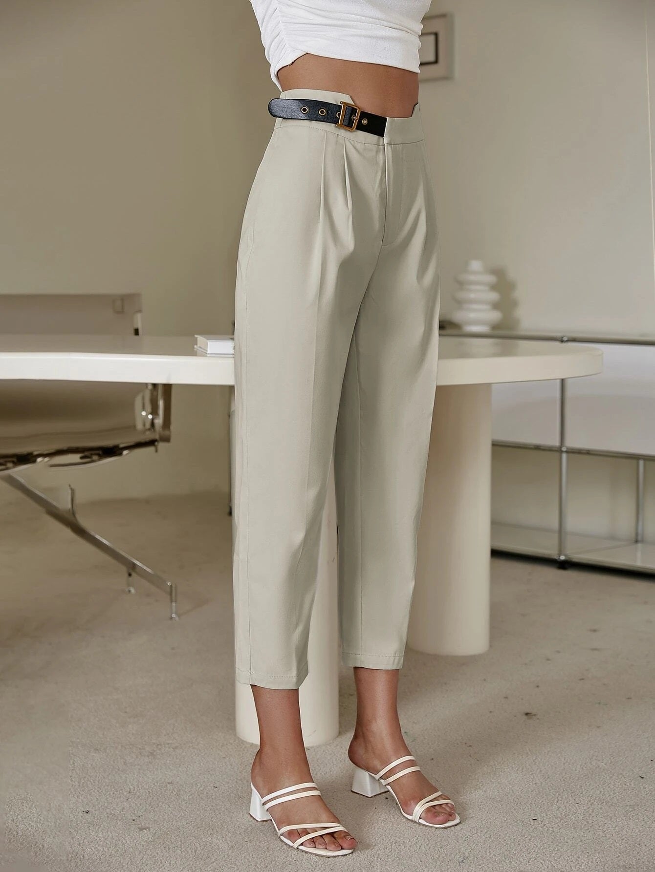 CM-BS670780 Women Casual Seoul Style Elastic Waist Solid Belted Pants - Beige