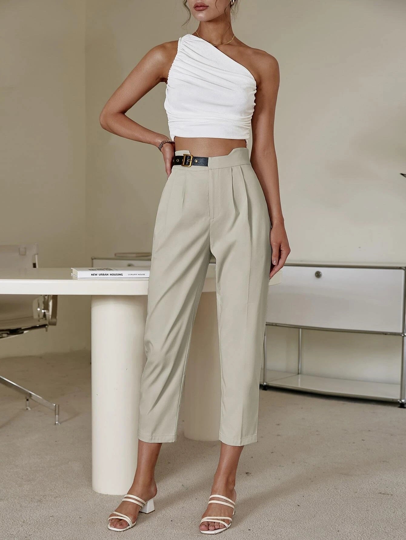 CM-BS670780 Women Casual Seoul Style Elastic Waist Solid Belted Pants - Beige