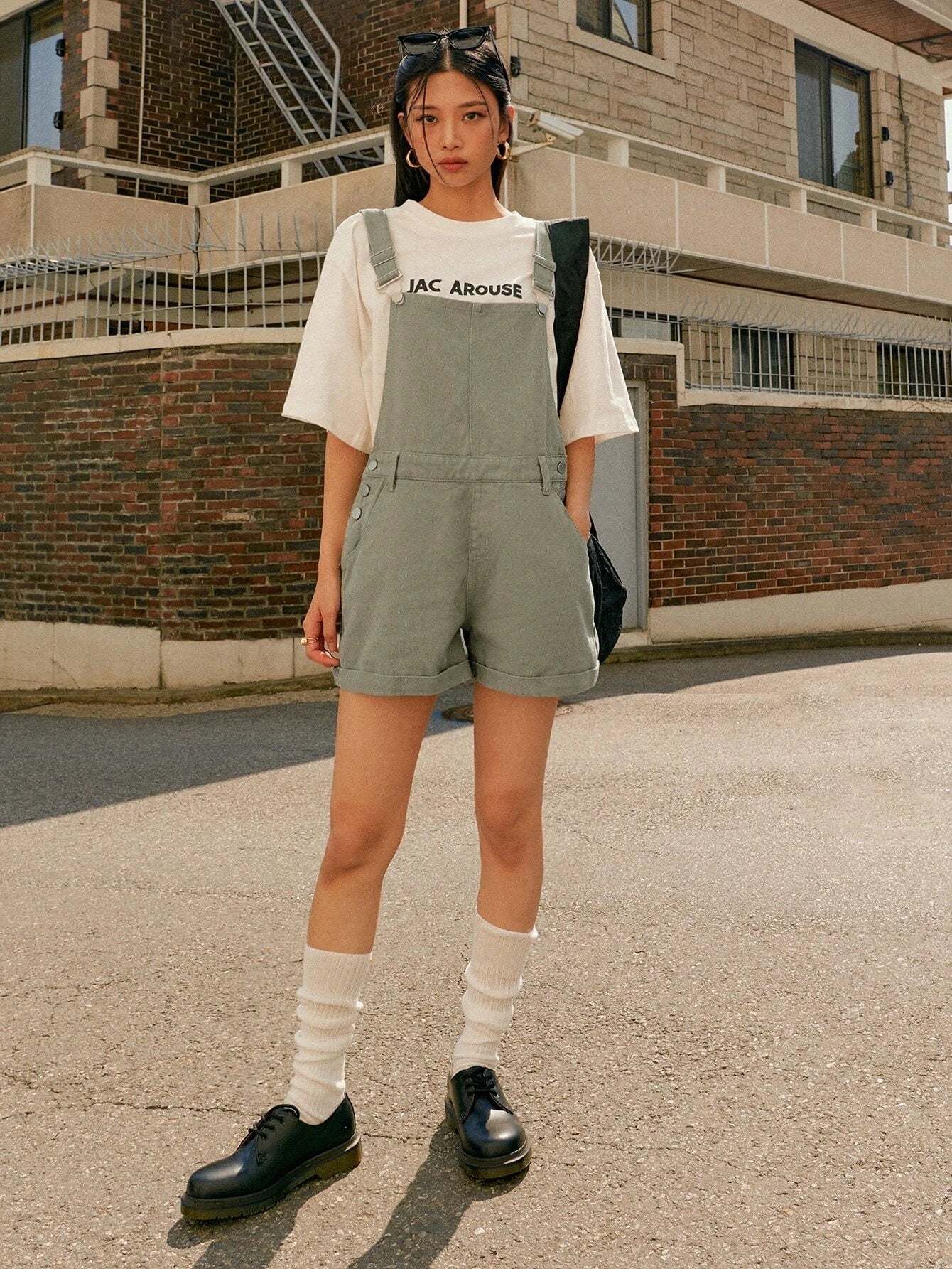 CM-JS539361 Women Preppy Seoul Style Roll Hem Slant Pocket Denim Overall Jumpsuit