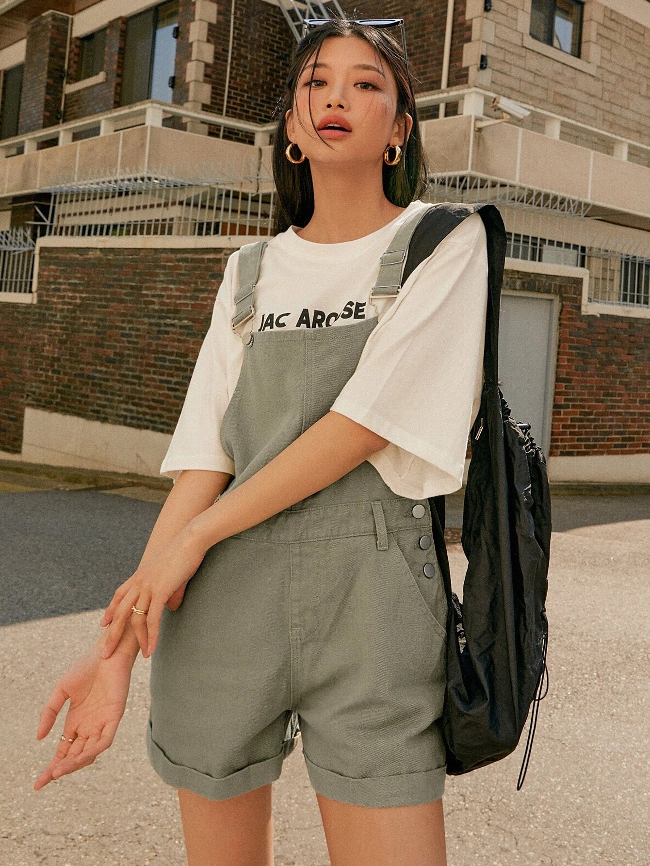 CM-JS539361 Women Preppy Seoul Style Roll Hem Slant Pocket Denim Overall Jumpsuit