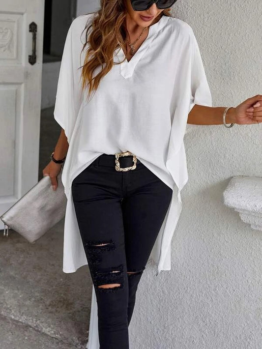 CM-TS117881 Women Casual Seoul Style Solid High Low Hem Batwing Sleeve Popover Blouse