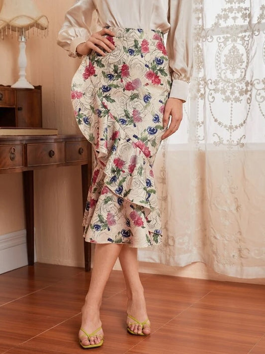 CM-BS469737 Women Elegant Seoul Style Floral Print Ruffle Trim Wrap Hem Skirt