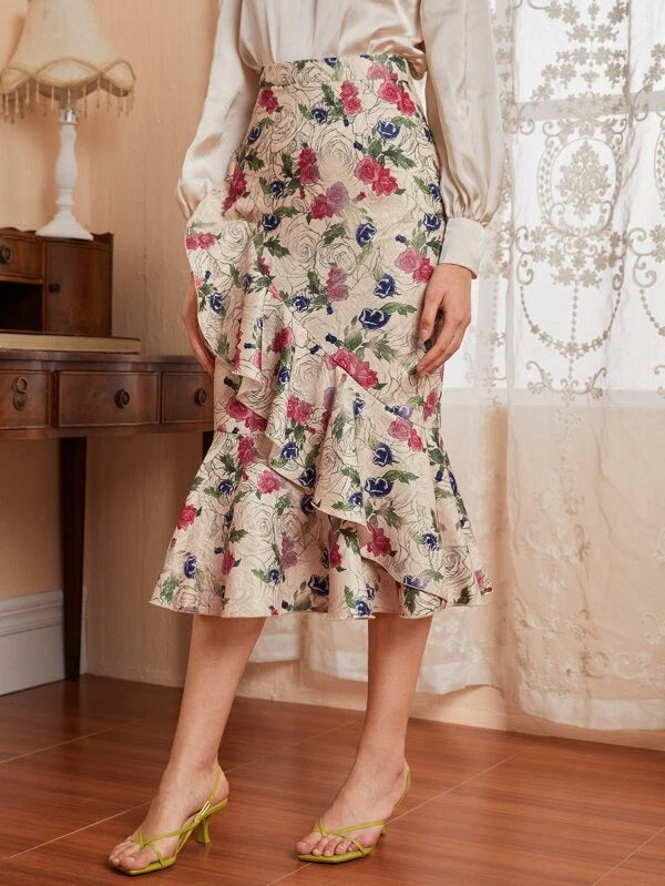 CM-BS469737 Women Elegant Seoul Style Floral Print Ruffle Trim Wrap Hem Skirt