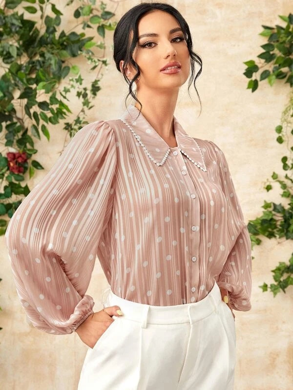 CM-TS078028 Women Elegant Seoul Style Polka Dot And Vertical Striped Lantern Sleeve Blouse