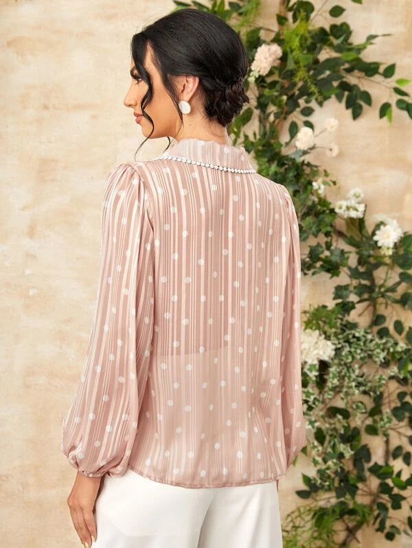 CM-TS078028 Women Elegant Seoul Style Polka Dot And Vertical Striped Lantern Sleeve Blouse