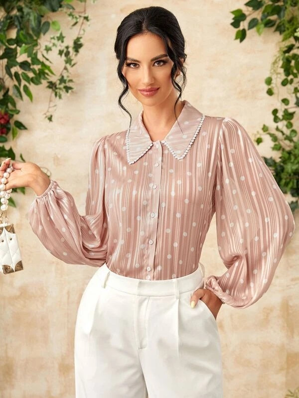 CM-TS078028 Women Elegant Seoul Style Polka Dot And Vertical Striped Lantern Sleeve Blouse