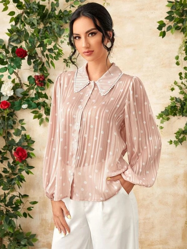 CM-TS078028 Women Elegant Seoul Style Polka Dot And Vertical Striped Lantern Sleeve Blouse