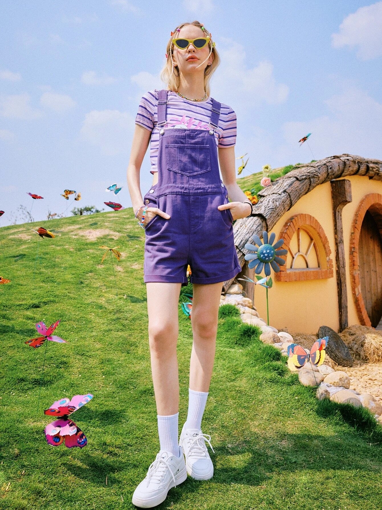 CM-JS231828 Women Preppy Seoul Style Solid Pocket Cuffed Denim Overall - Purple