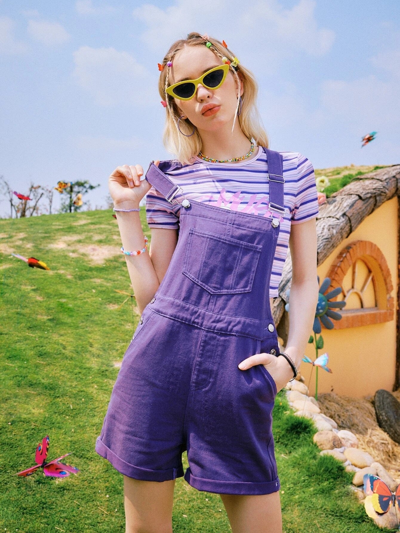 CM-JS231828 Women Preppy Seoul Style Solid Pocket Cuffed Denim Overall - Purple