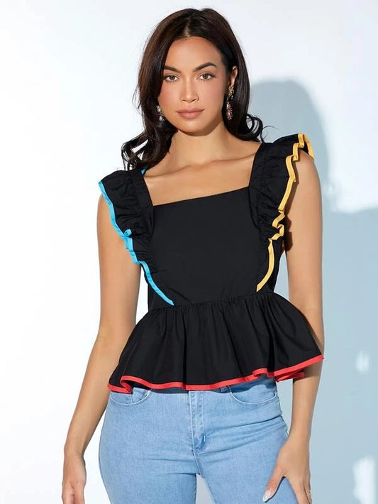 CM-TS312142 Women Casual Seoul Style Contrast Binding Ruffle Trim Peplum Blouse