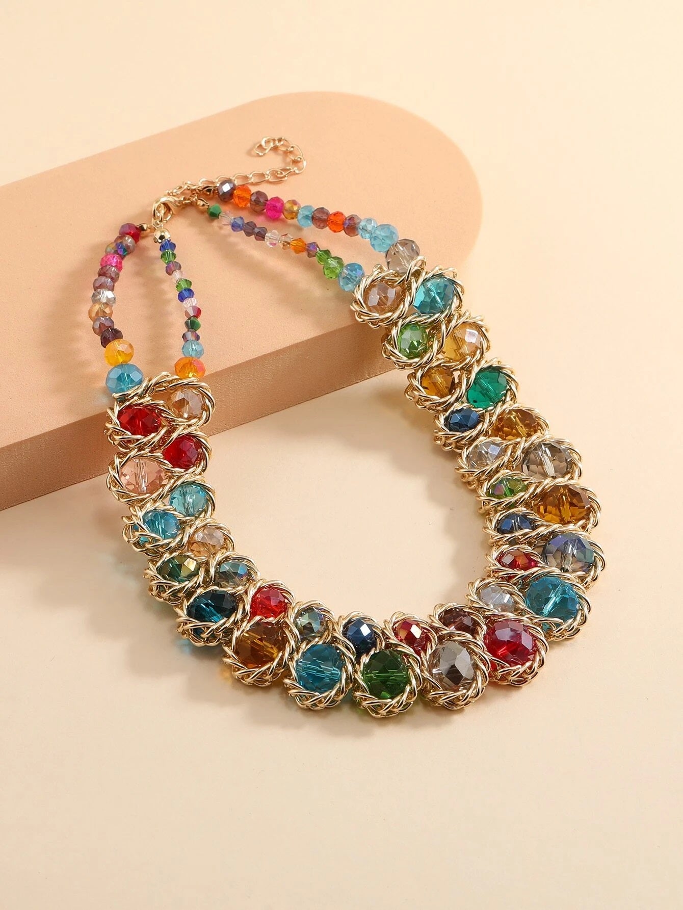 CM-AXS677827 Women Trendy Seoul Style Crystal Beaded Layered Necklace