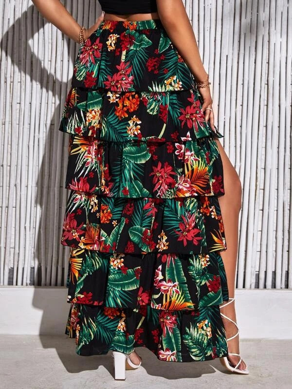 CM-BS864559 Women Trendy Bohemian Style Tropical Print Asymmetrical Layered Hem Skirt
