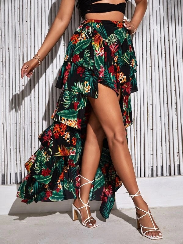 CM-BS864559 Women Trendy Bohemian Style Tropical Print Asymmetrical Layered Hem Skirt