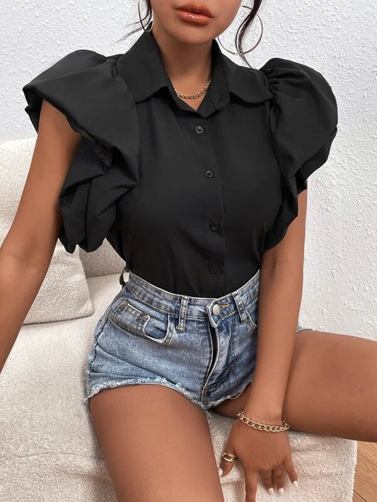 CM-TS126782 Women Casual Seoul Style Ruffle Armhole Cap Sleeve Solid Shirt - Black